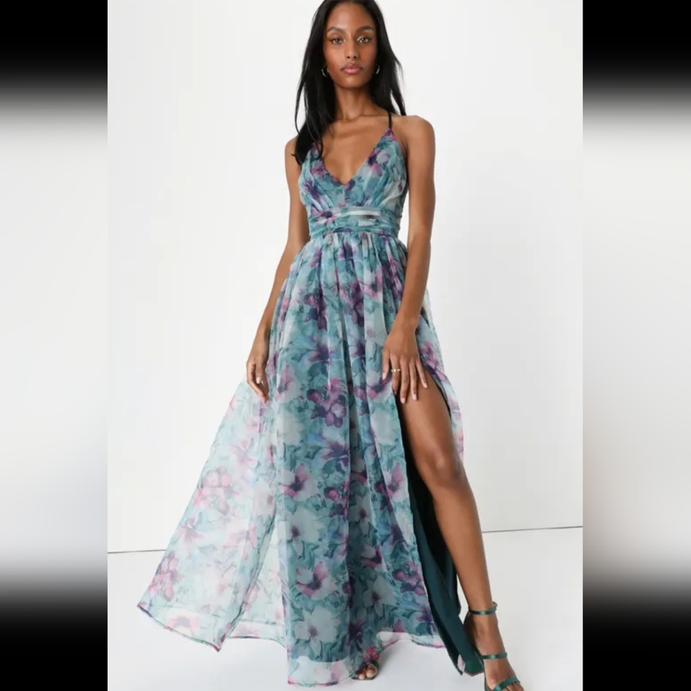 Lulus nwot Romance that Wows Dark Teal Floral Print Organza Maxi Dress size L